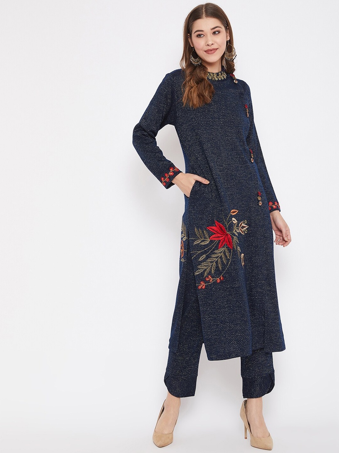 

Zigo Winter Wear Women Navy Blue Self Design Kurta with Trousers