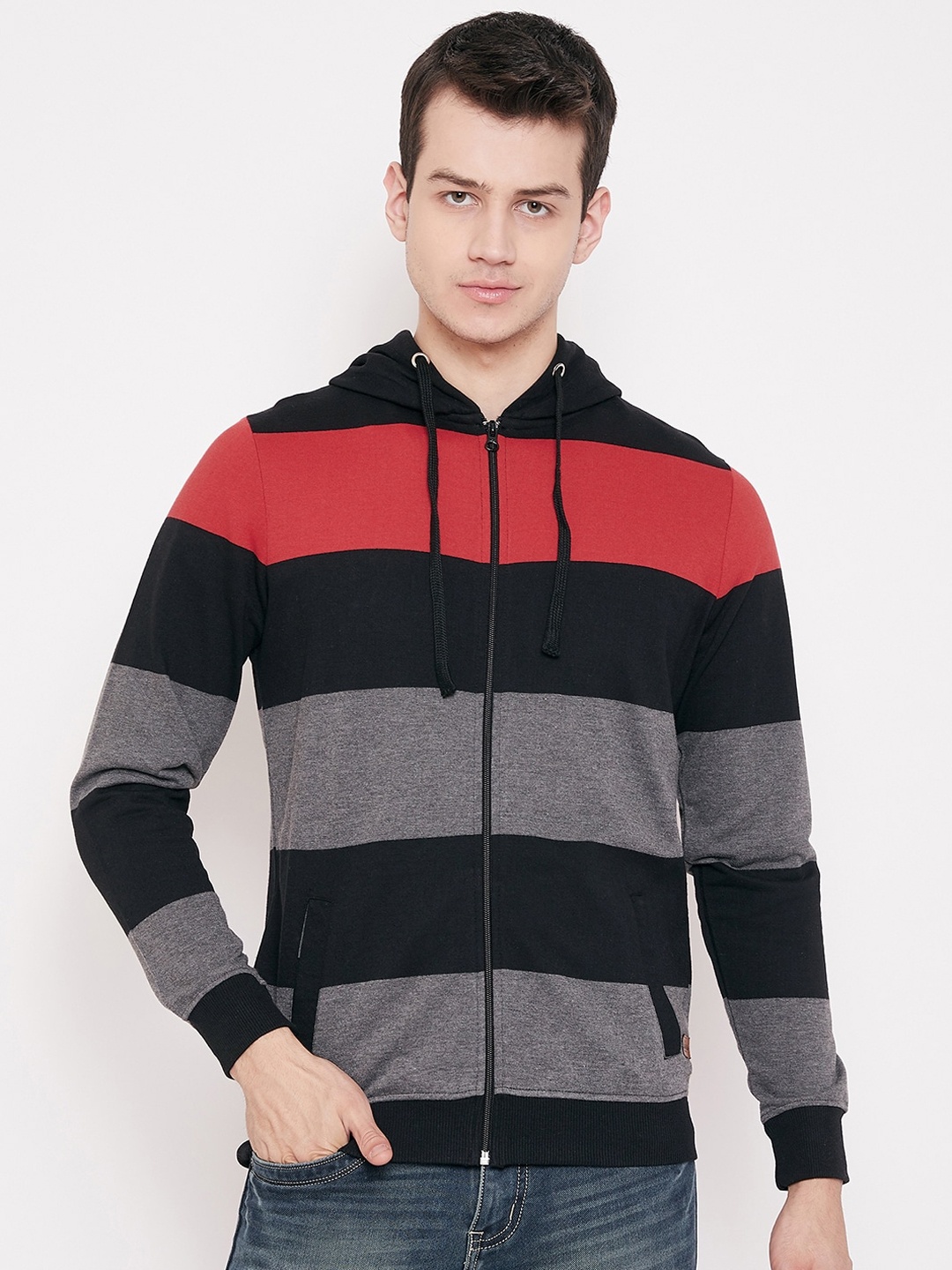

Austin wood Men Grey & Black Striped Hooded Sweatshirt