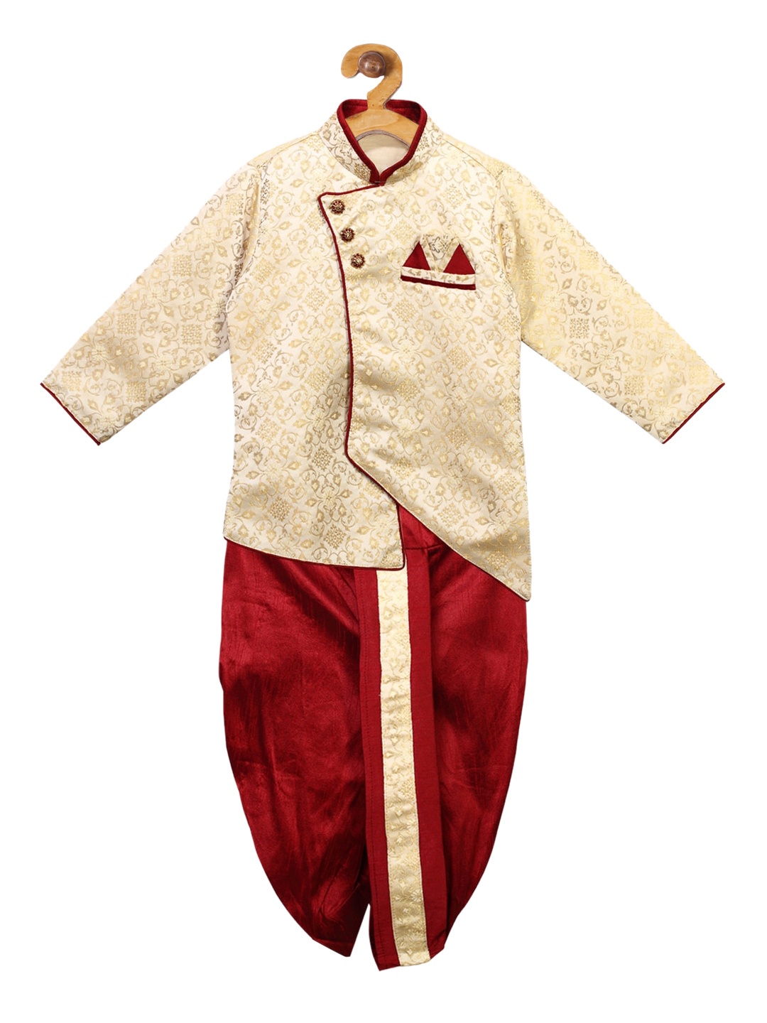 

Ridokidz Boys Cream-Coloured & Maroon Self Design Kurti with Dhoti Pants