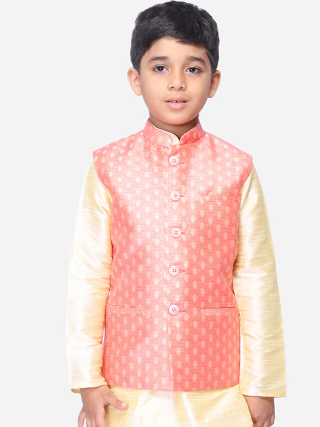 

NAMASKAR Boys Pink & Beige Woven Design Nehru Jacket