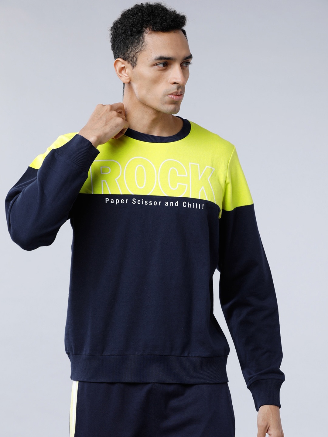 LOCOMOTIVE Men Fluorescent Green & Navy Blue Colourblocked Sweatshirt