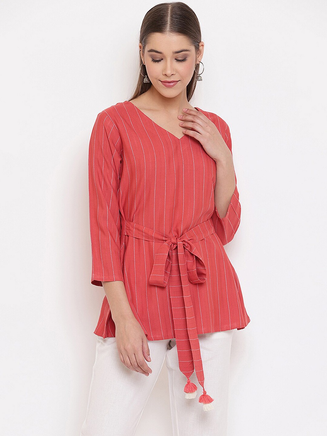 

Janasya Women Red Striped Cinched Waist Top