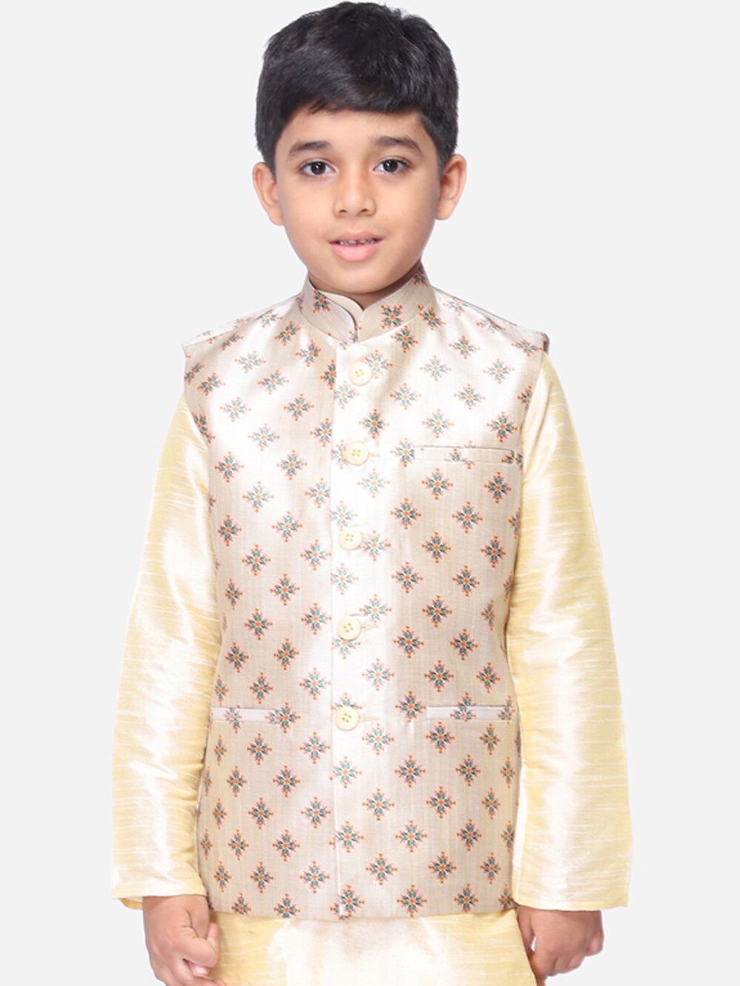 

NAMASKAR Boys Beige & Green Woven-Design Silk Nehru Jacket