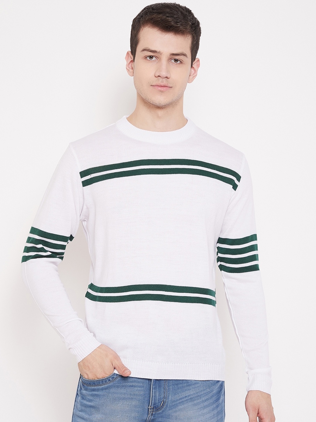 

JUMP USA Men Acrylic White & Green Striped Pullover Sweater