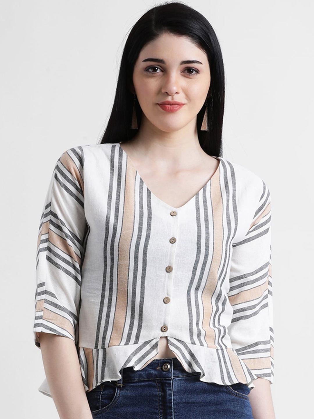 

Zink London Women Off-White Striped Shirt Style Pure Cotton Top