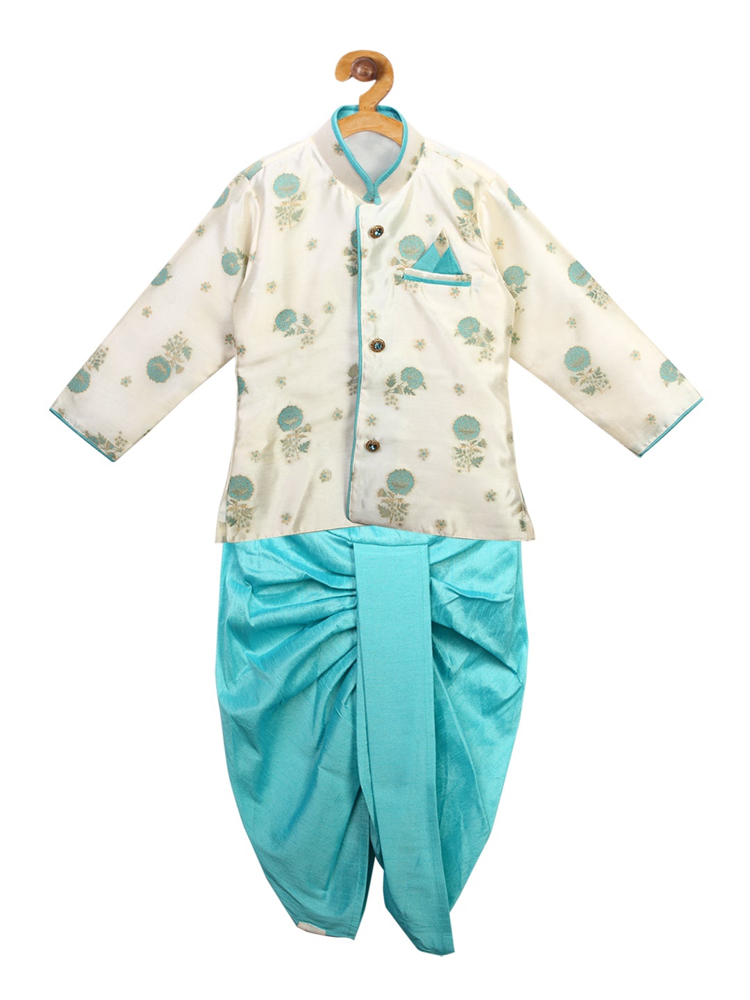 

Ridokidz Boys Cream-Coloured & Sea Green Printed Kurta with Dhoti Pants