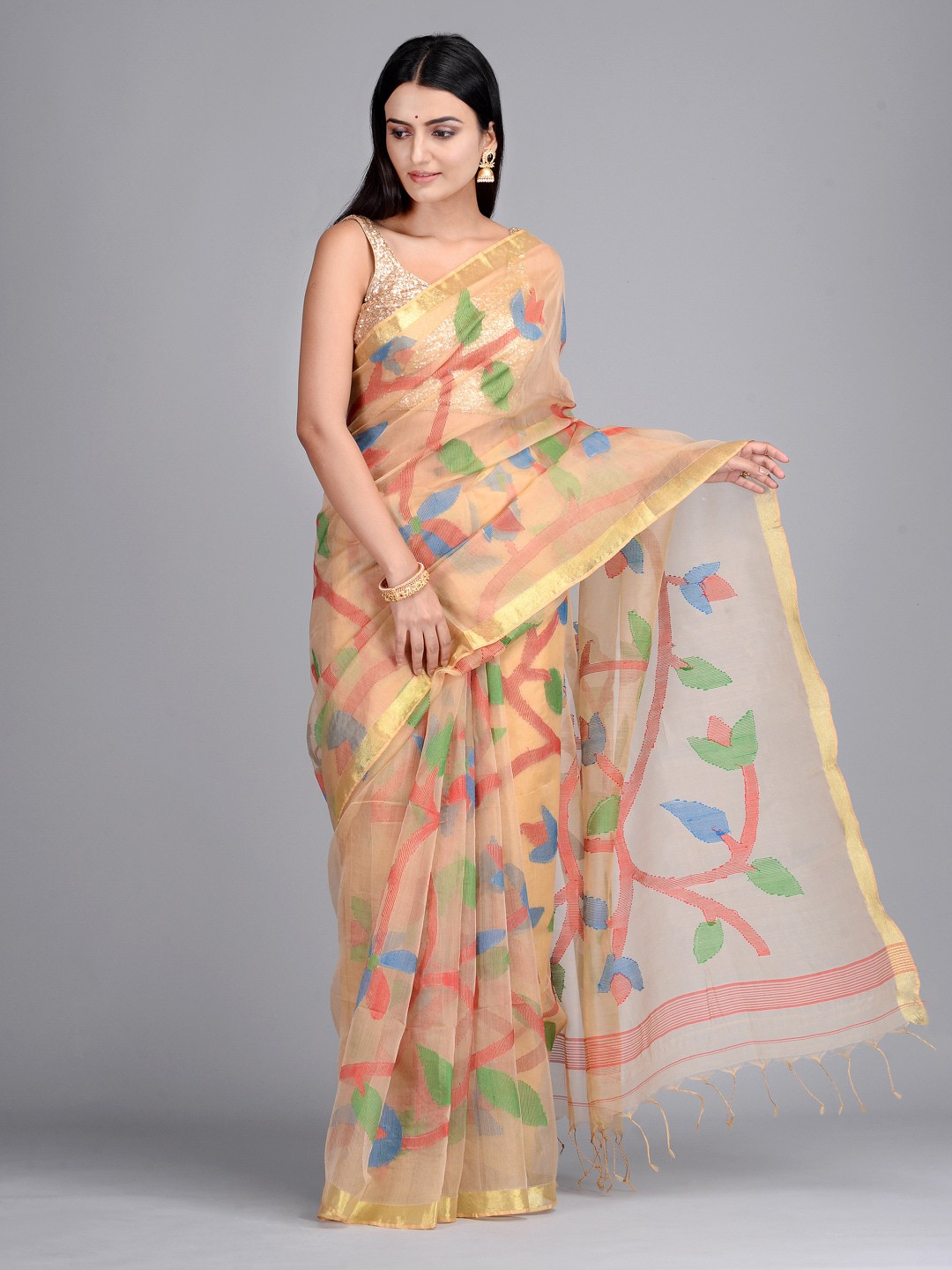 

Mitera Beige Pure Silk Woven Design Taant Saree