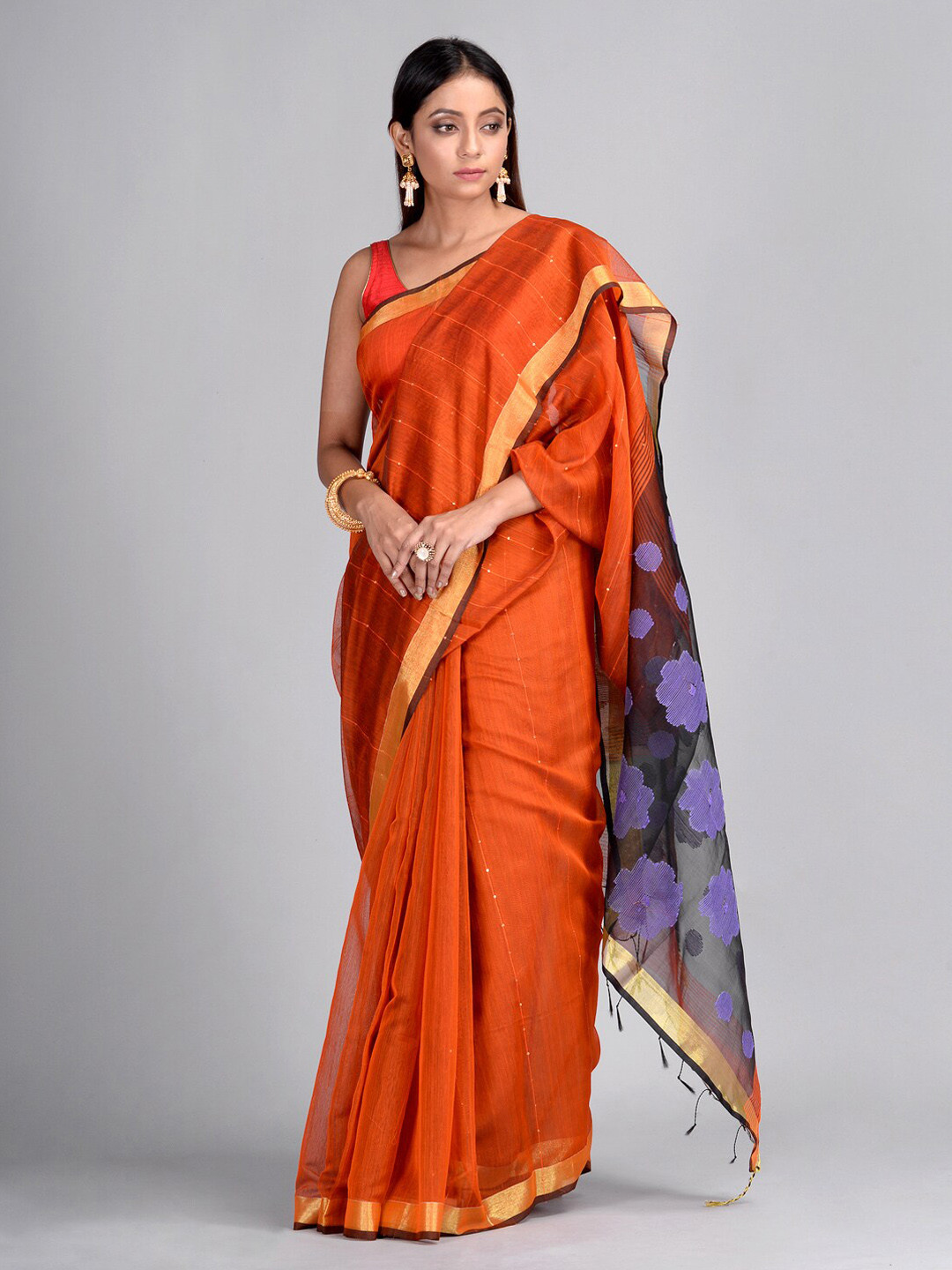 

Mitera Orange & Black Cotton Blend Woven Design Taant Saree