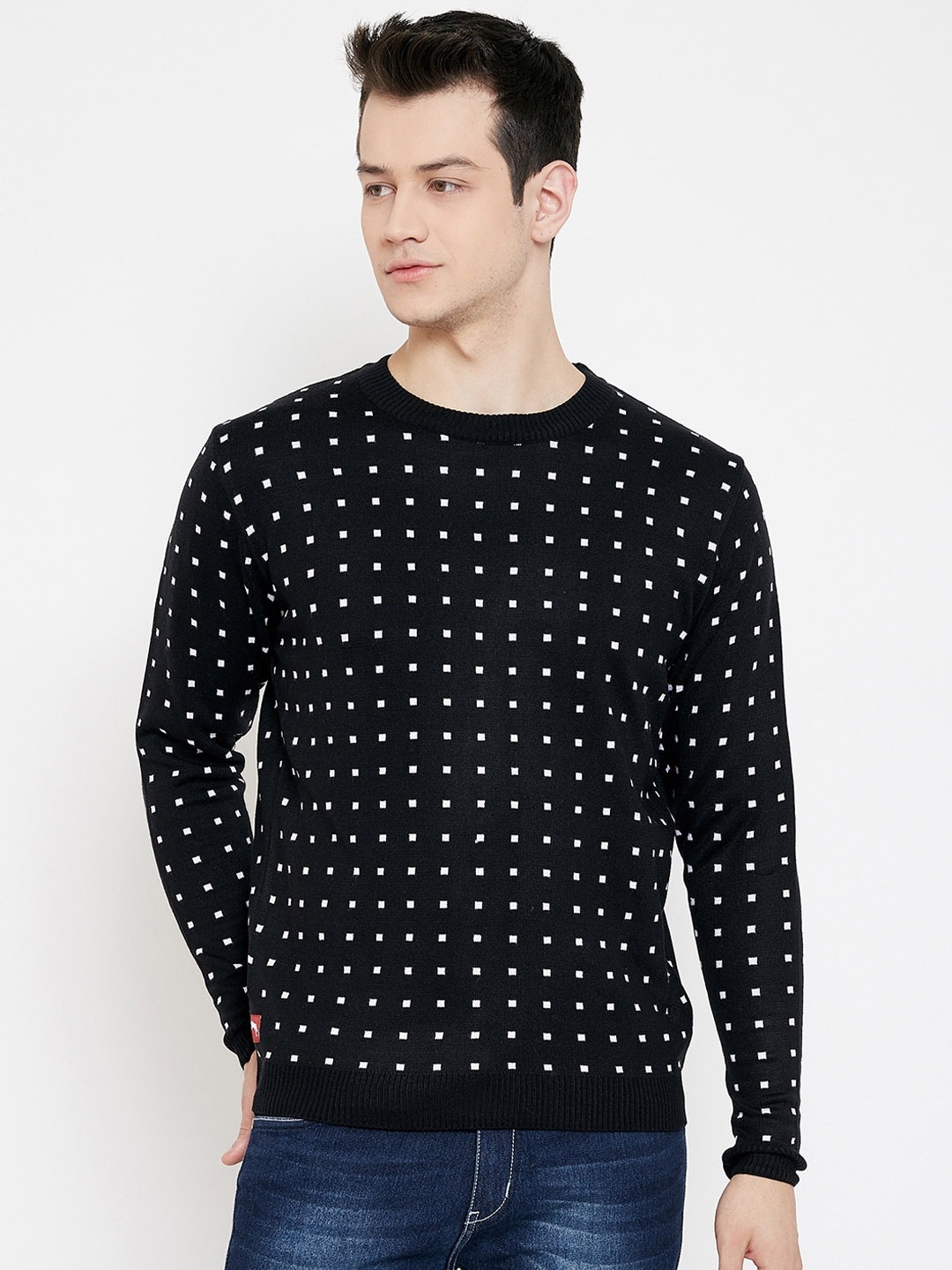 

JUMP USA Men Black & White Checked Sustainable Pullover Sweater