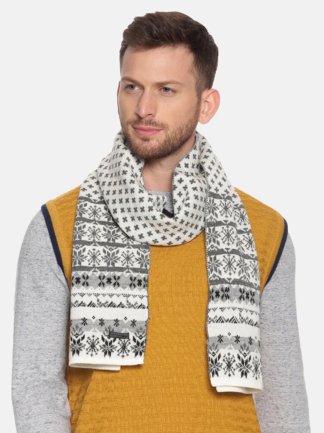 

513 Men Beige & Red Woven Design Mufflers, Grey