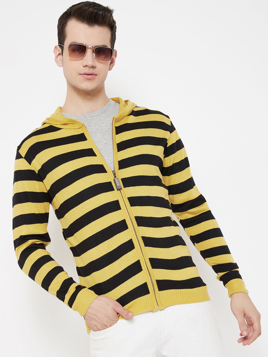 

JUMP USA Men Yellow & Black Striped Hood Acrylic Sweater