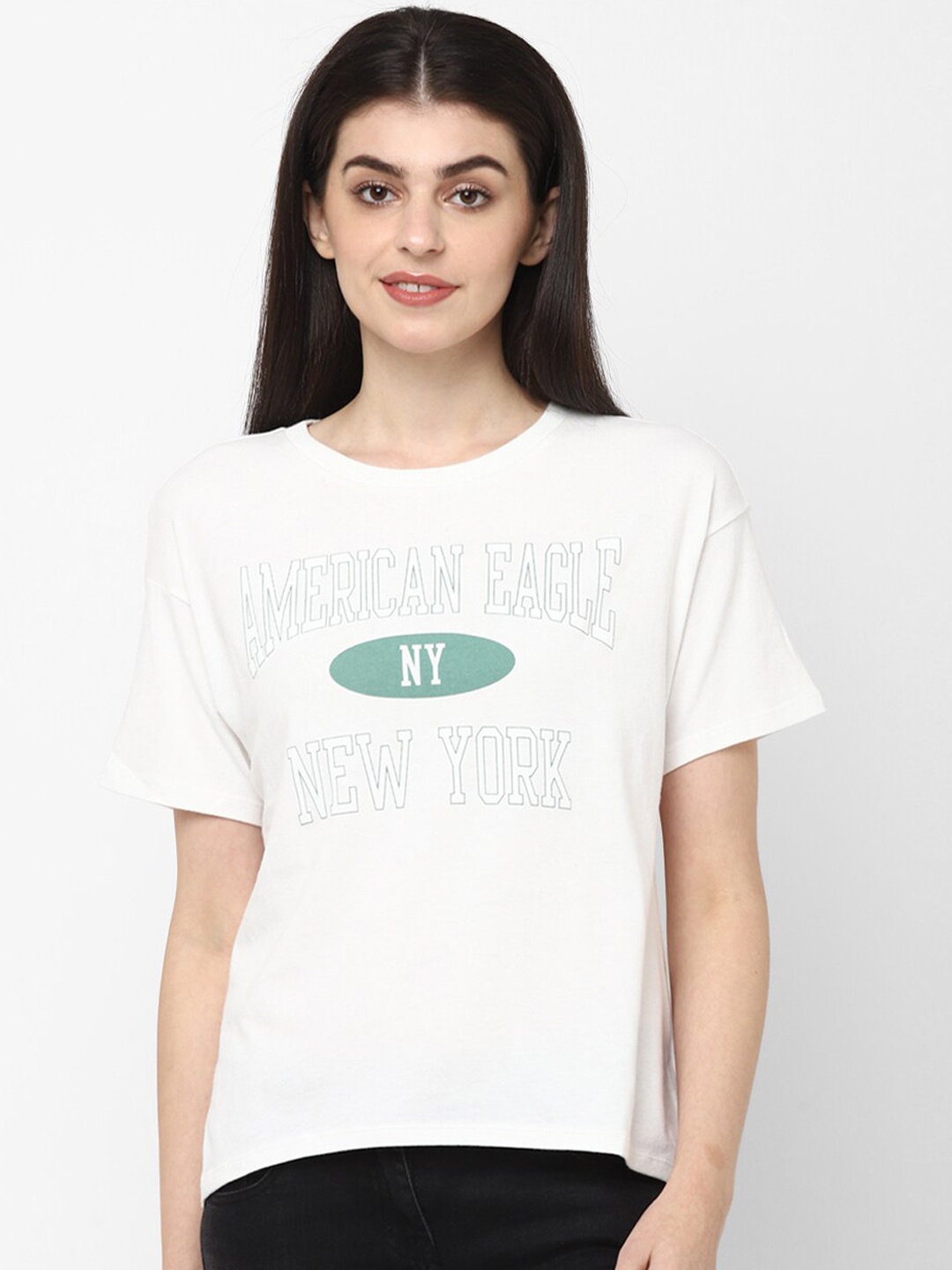 

AMERICAN EAGLE OUTFITTERS Women White Printed Round Neck T-shirt