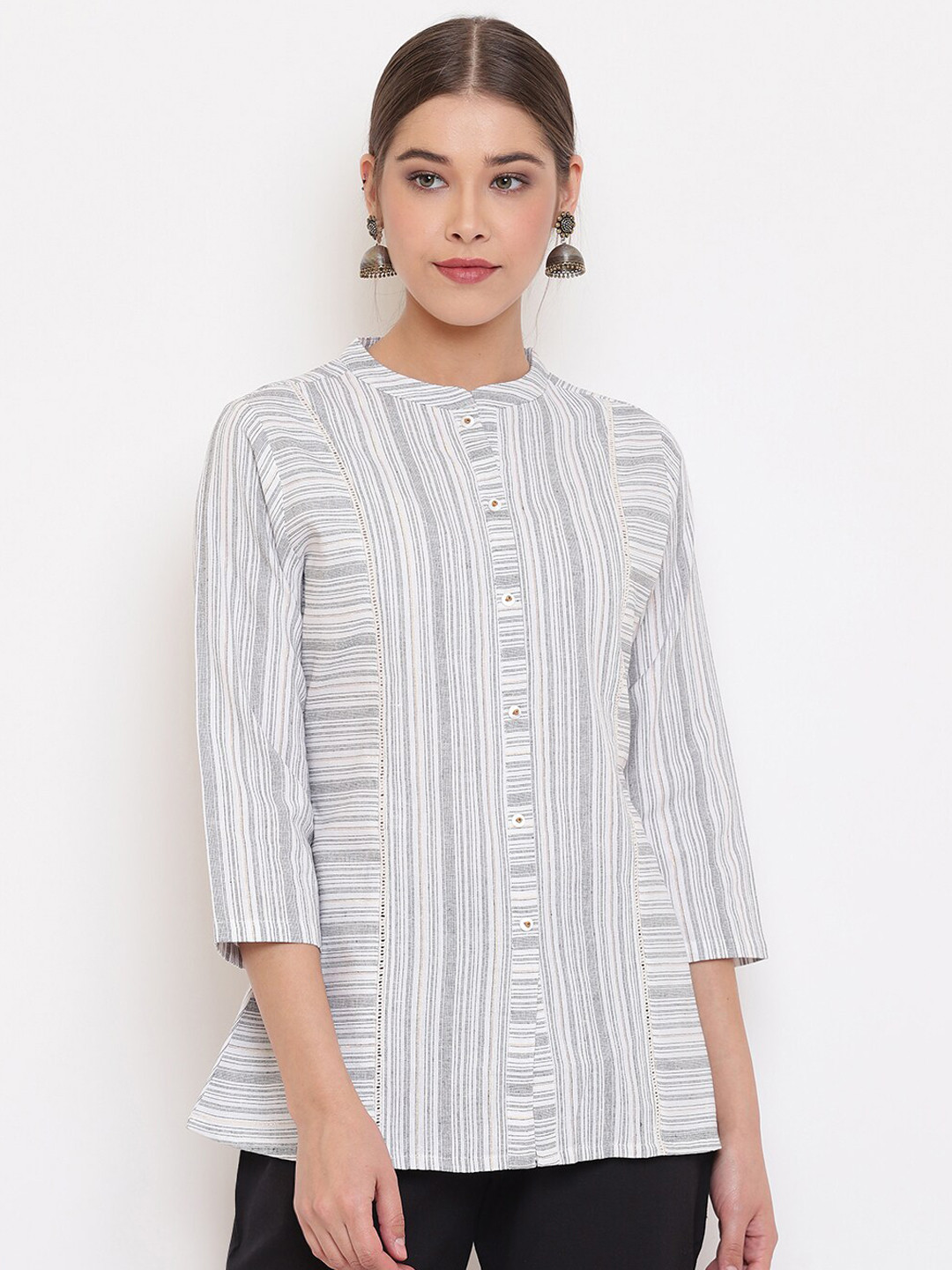 

Janasya Women White Striped Shirt Style Pure Cotton Top