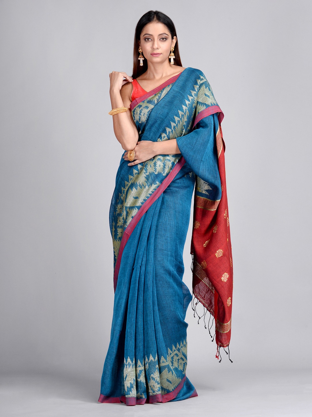 

Mitera Blue & Red Pure Linen Woven Design Taant Saree