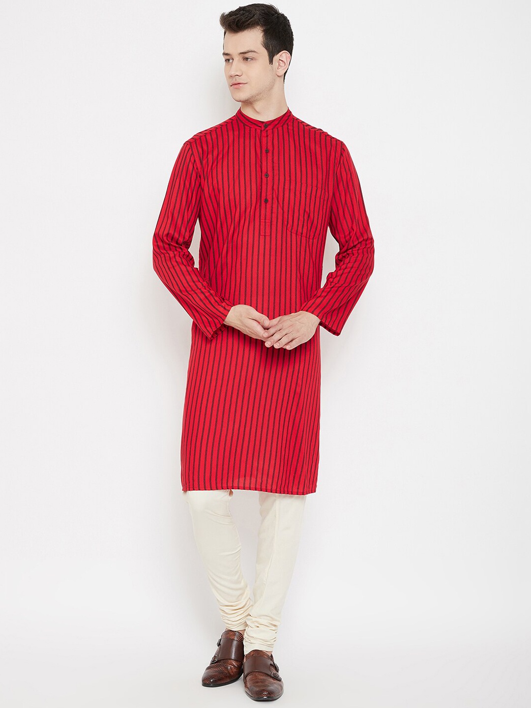 

even Men Red & Black Striped Straight Kurta