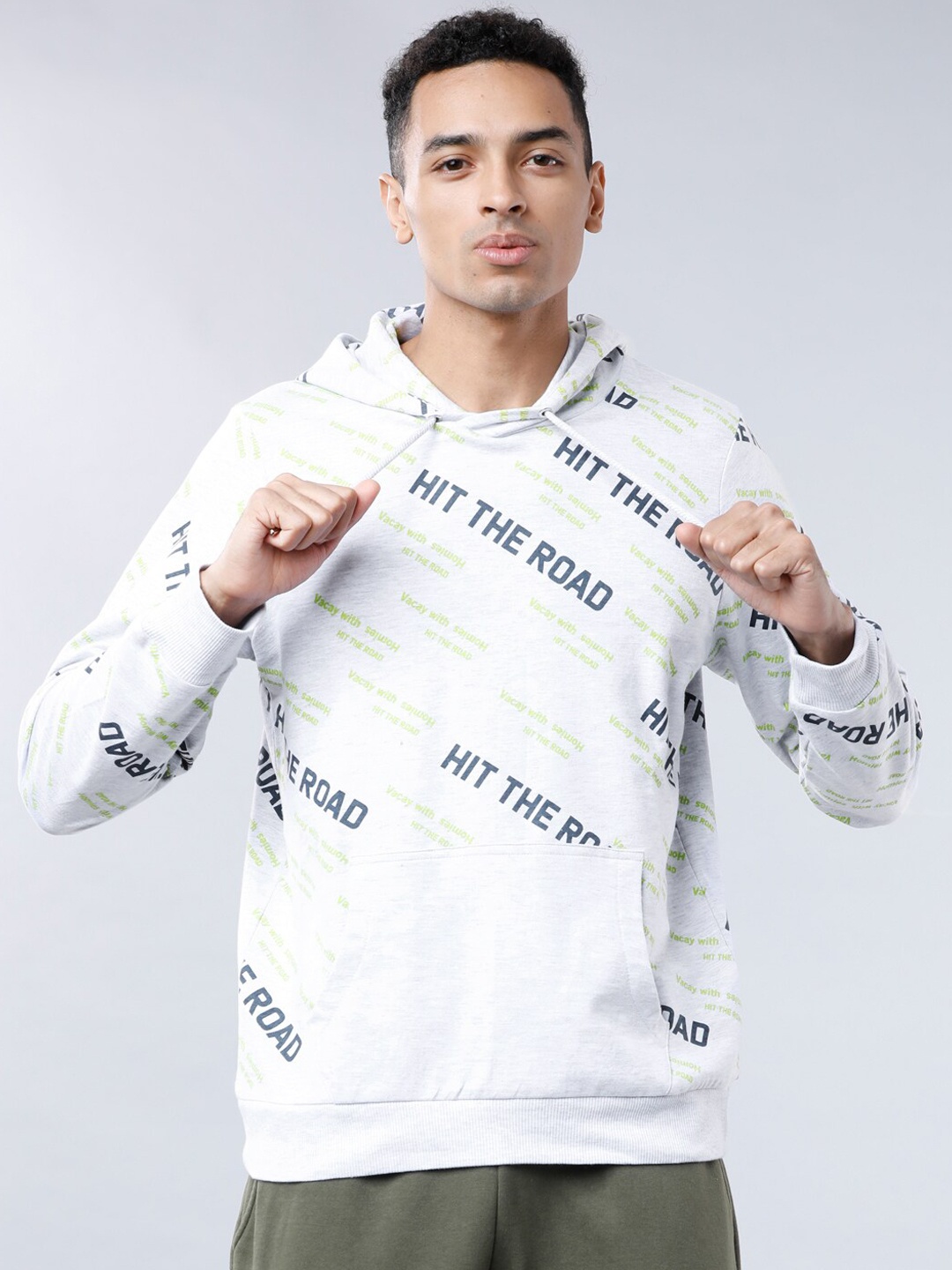 

LOCOMOTIVE Men Grey & Black Printed Hooded Sweatshirt