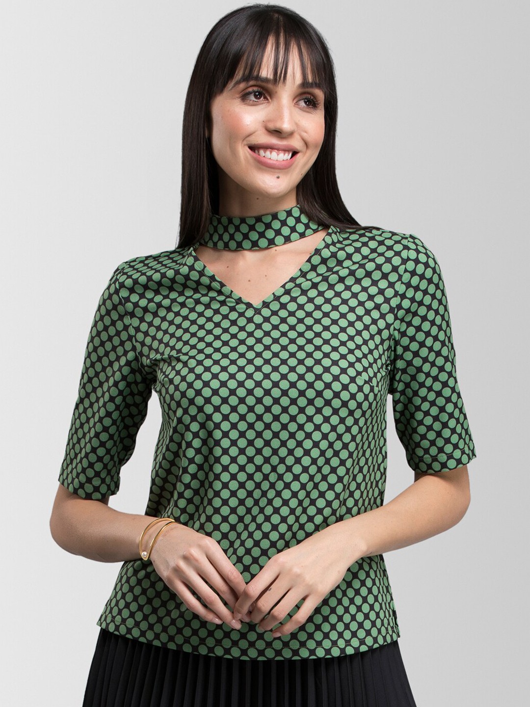 

FableStreet Women Green Printed Choker Neck Top