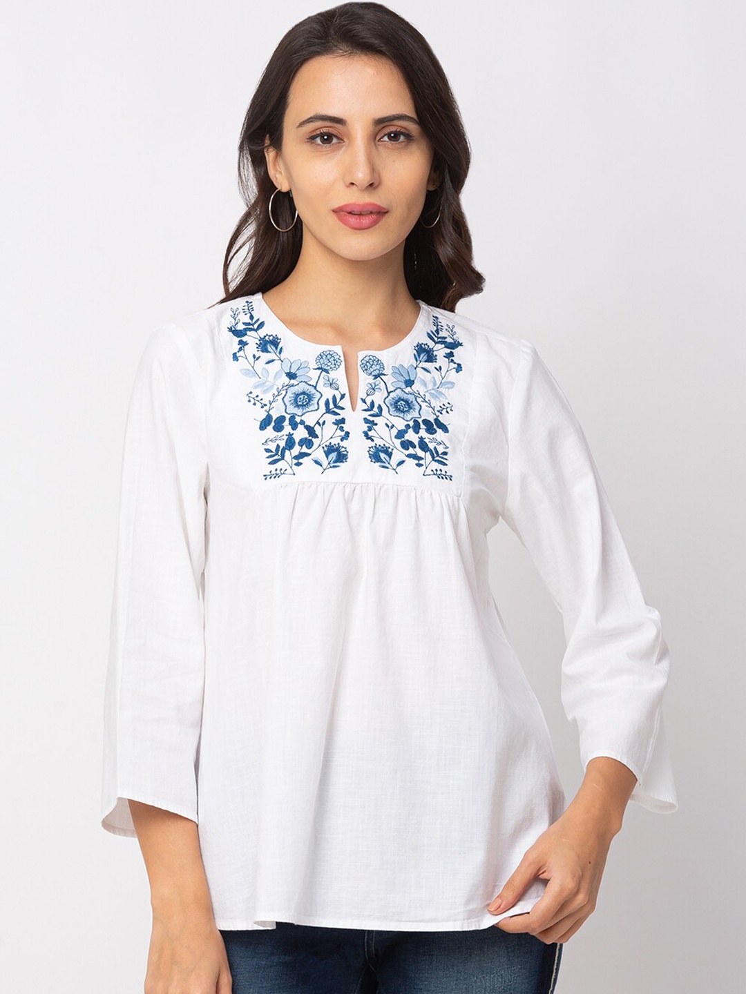 

Globus Women White Embroidered A-Line Pure Cotton Top