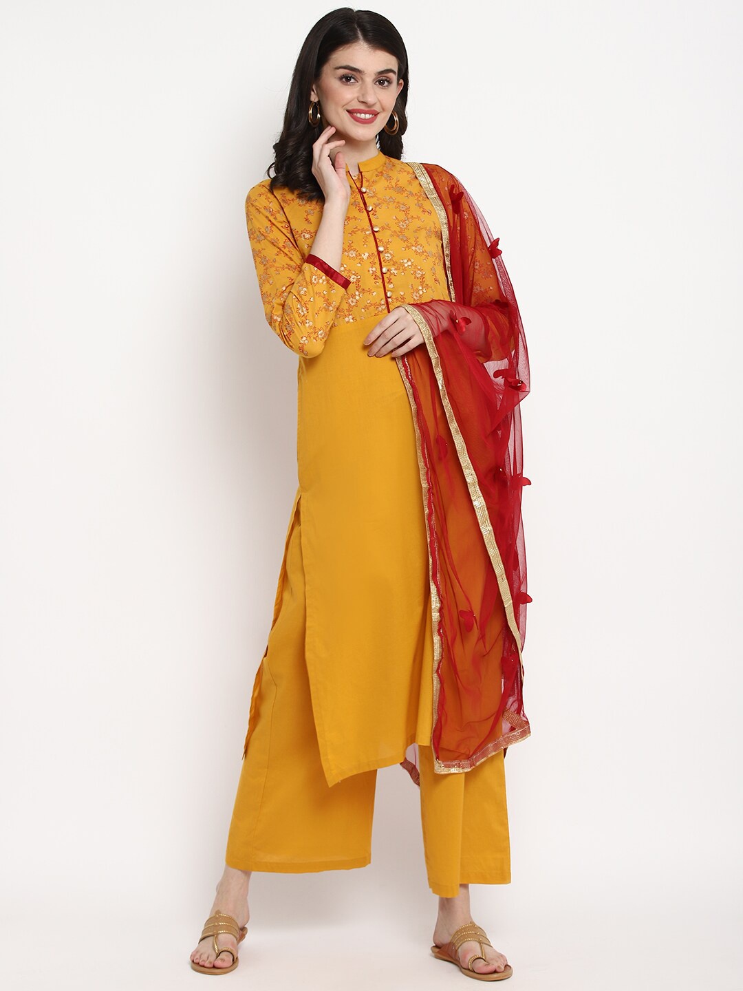 

Tulsattva Women Mustard Yellow & Red Embroidered Kurta with Trousers & Dupatta