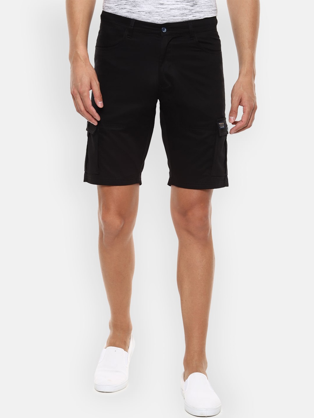

Louis Philippe Jeans Men Black Solid Slim Fit Cargo Shorts
