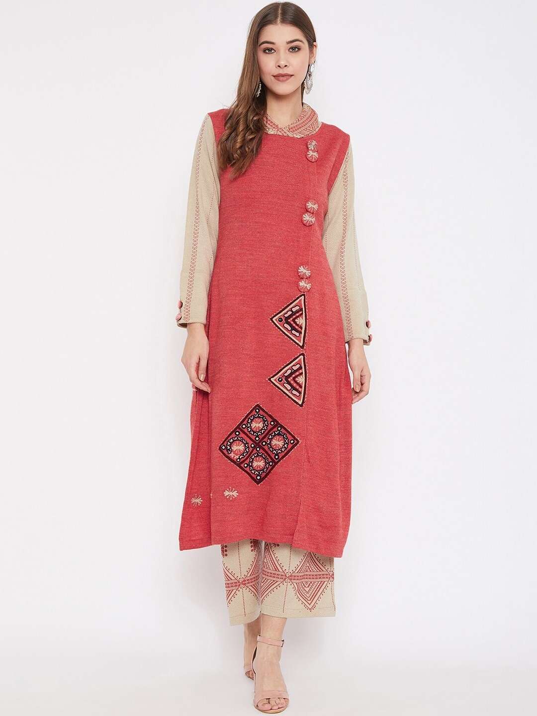 

Zigo Winter Wear Women Coral & Brown Self Design Kurta with Palazzos