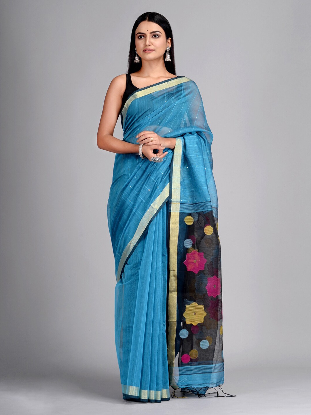 

Mitera Blue Cotton Blend Printed Taant Saree