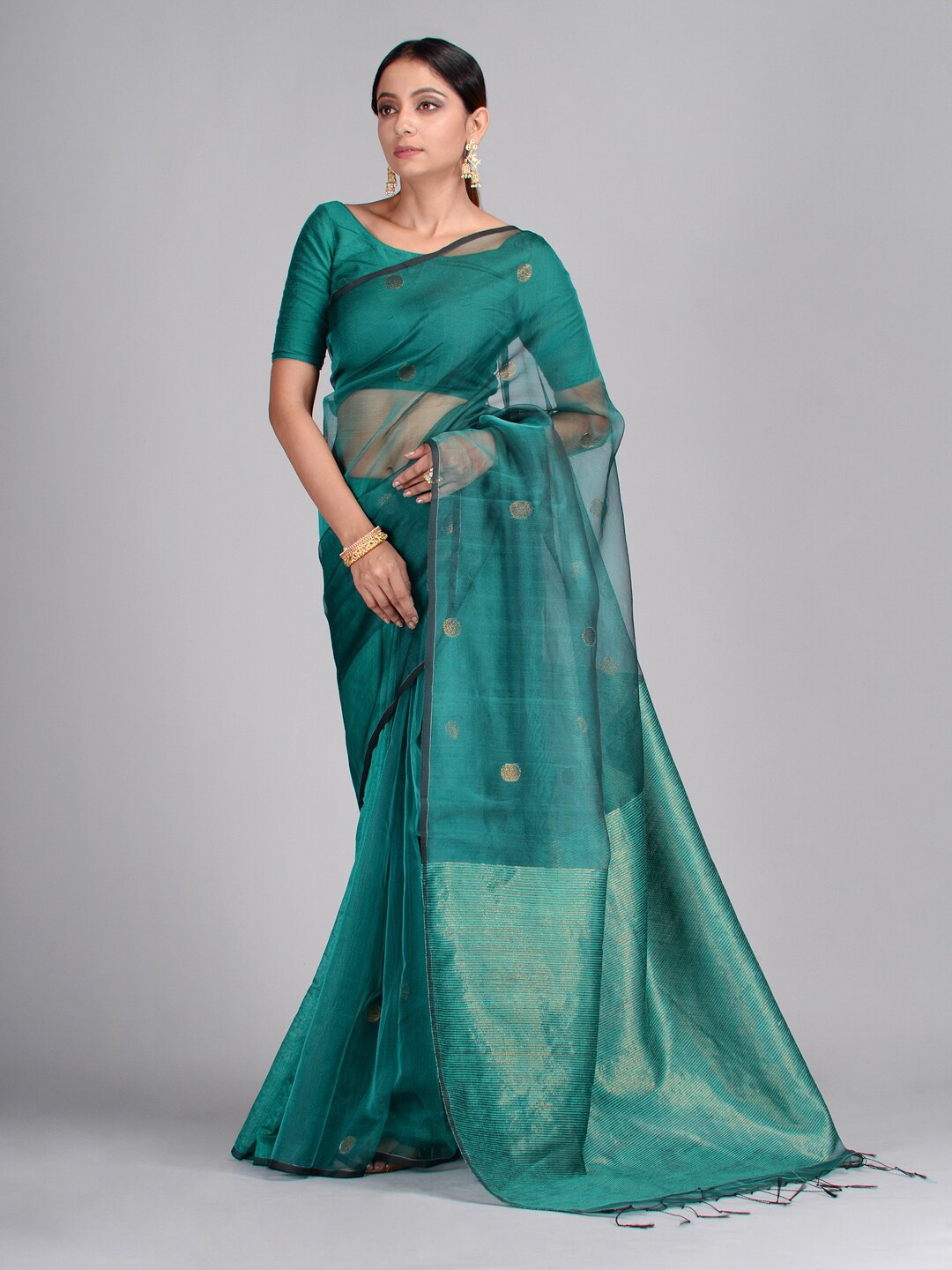 

Mitera Green Pure Silk Woven Design Taant Saree