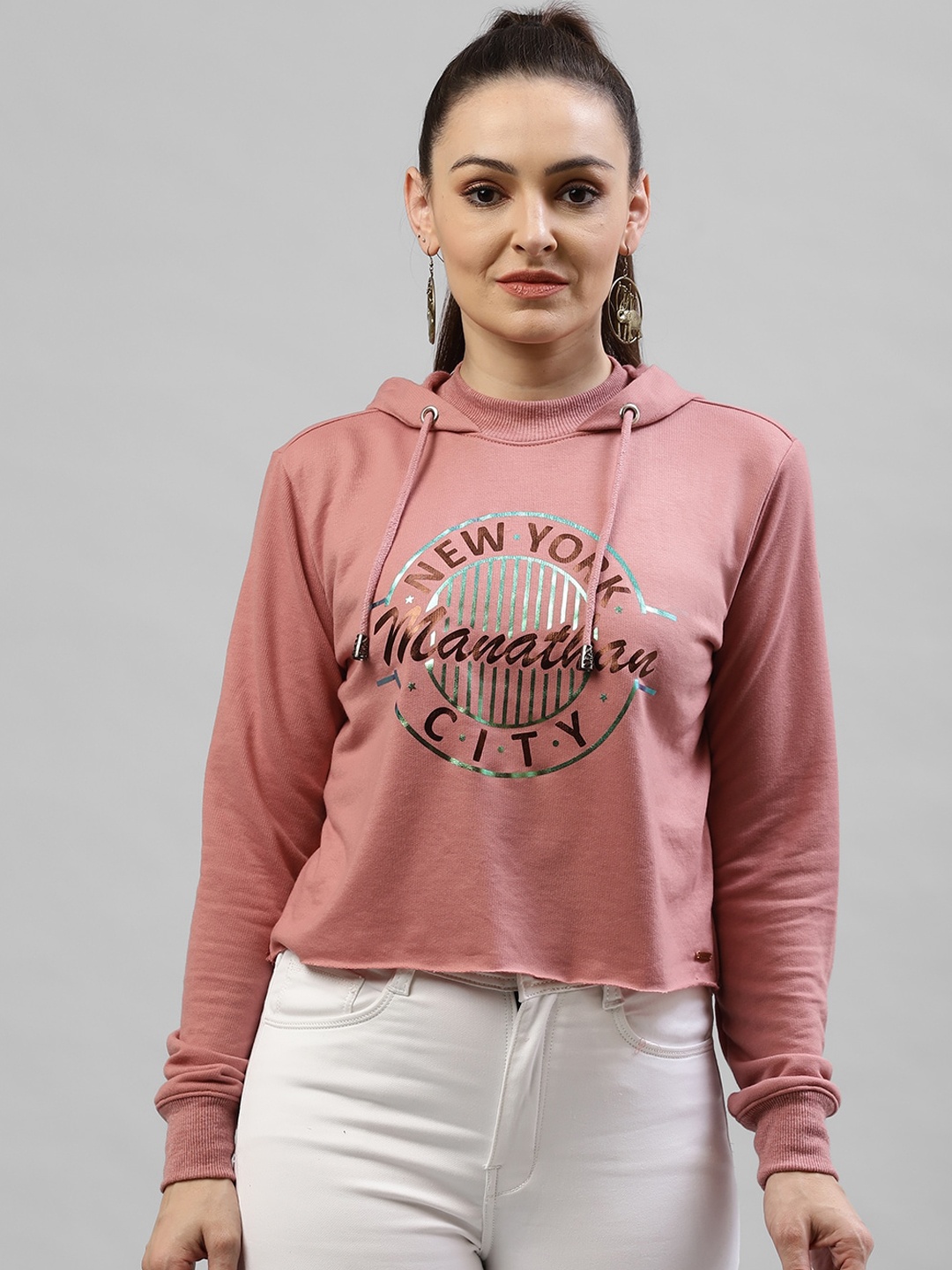 

KASSUALLY Women Pink Printed Hooded Sweatshirt