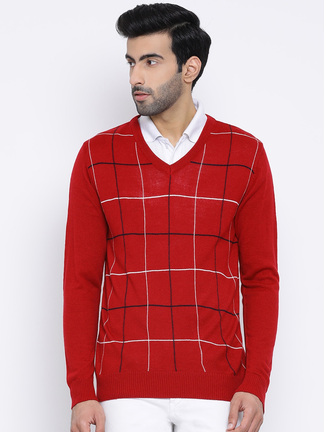 

Richlook Men Red & Black Checked Pullover Sweater