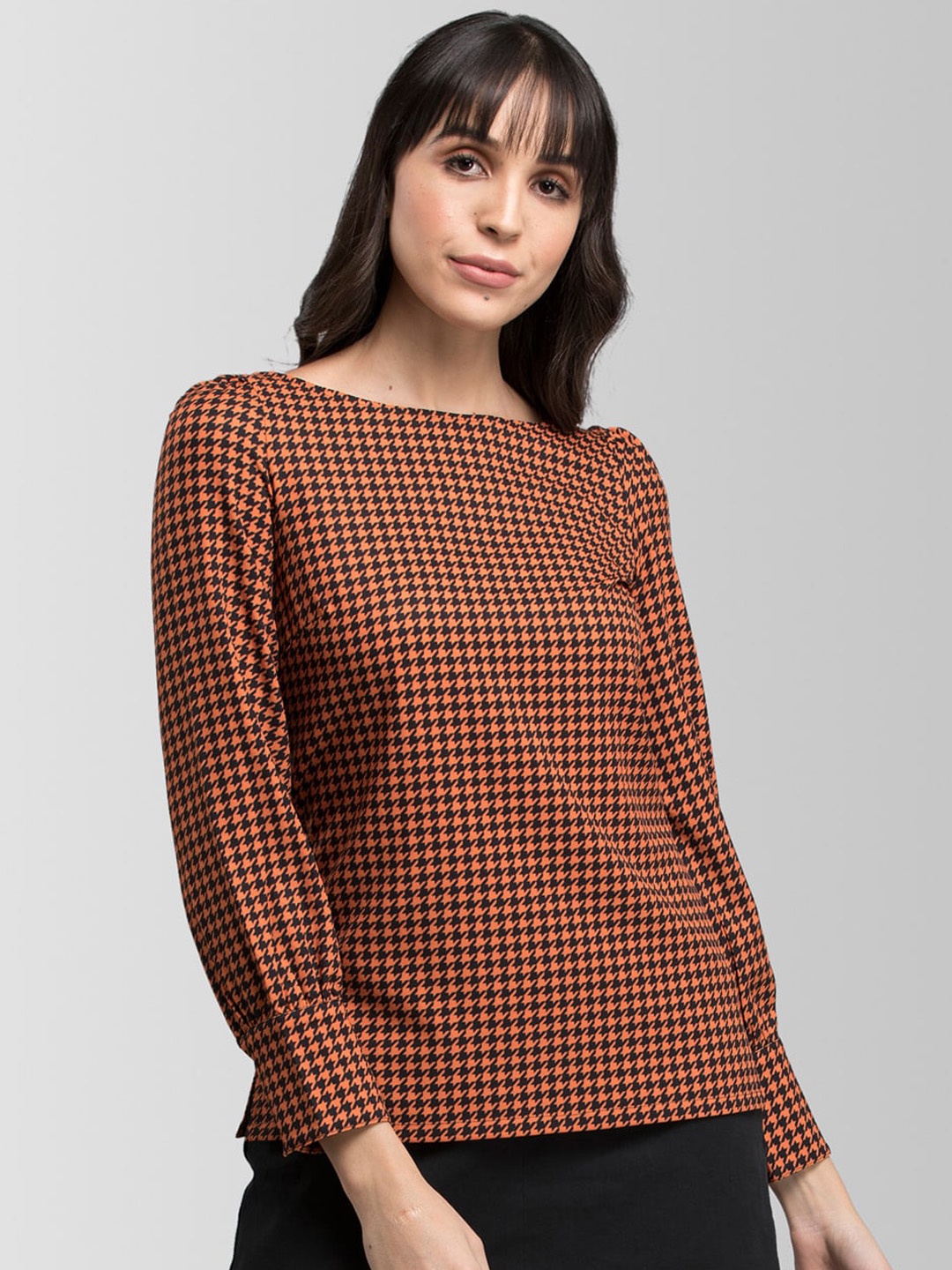 

FableStreet Women Orange & Black Printed Top