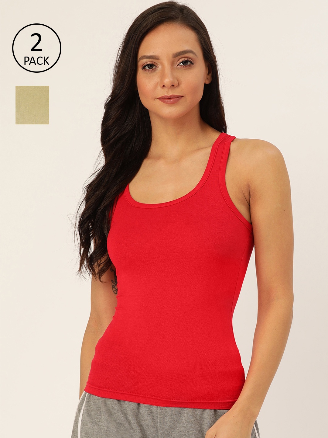Lady Lyka Women Pack of 2 Solid Camisoles, Red