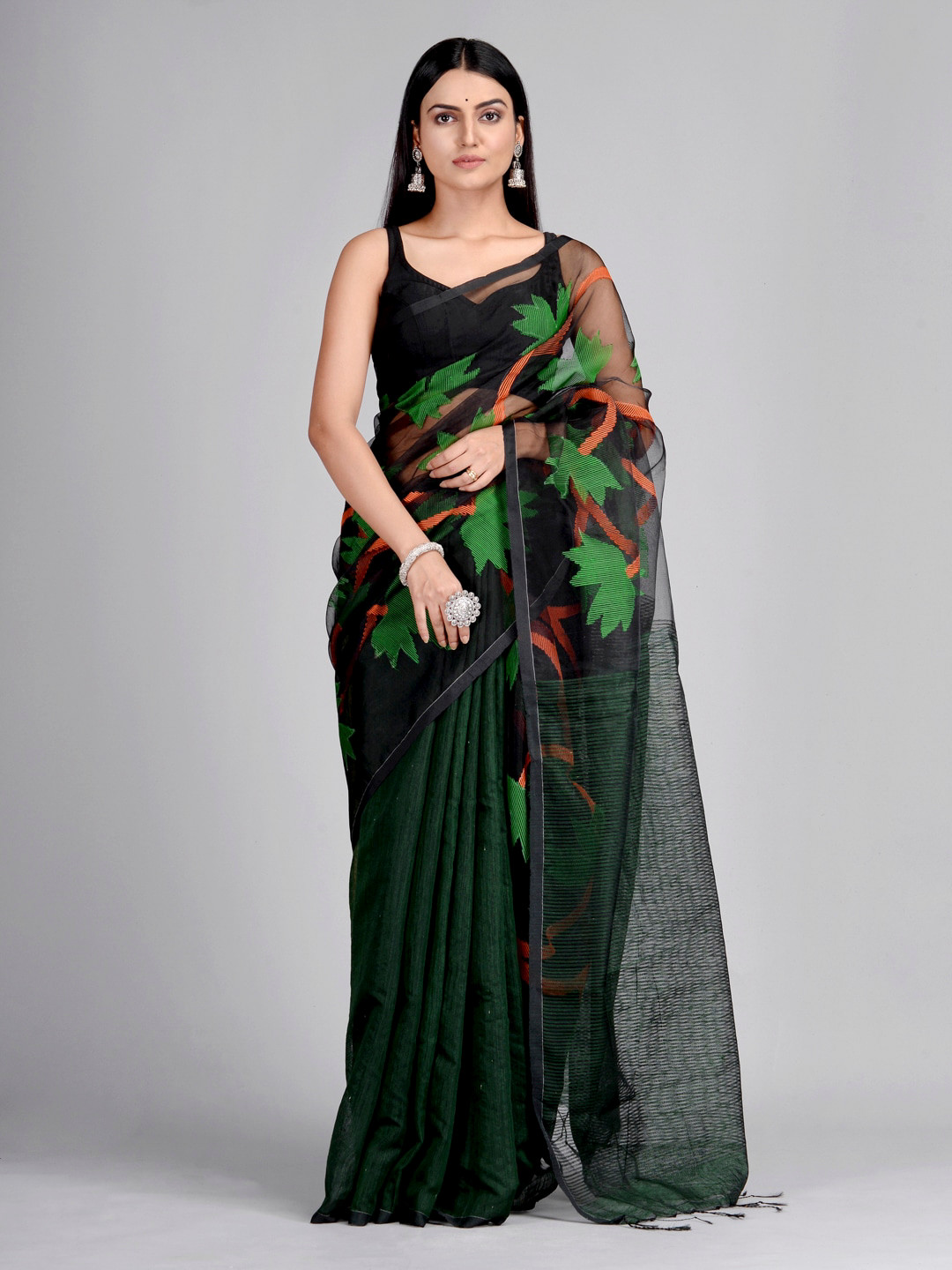 

Mitera Green Pure Silk Printed Taant Saree