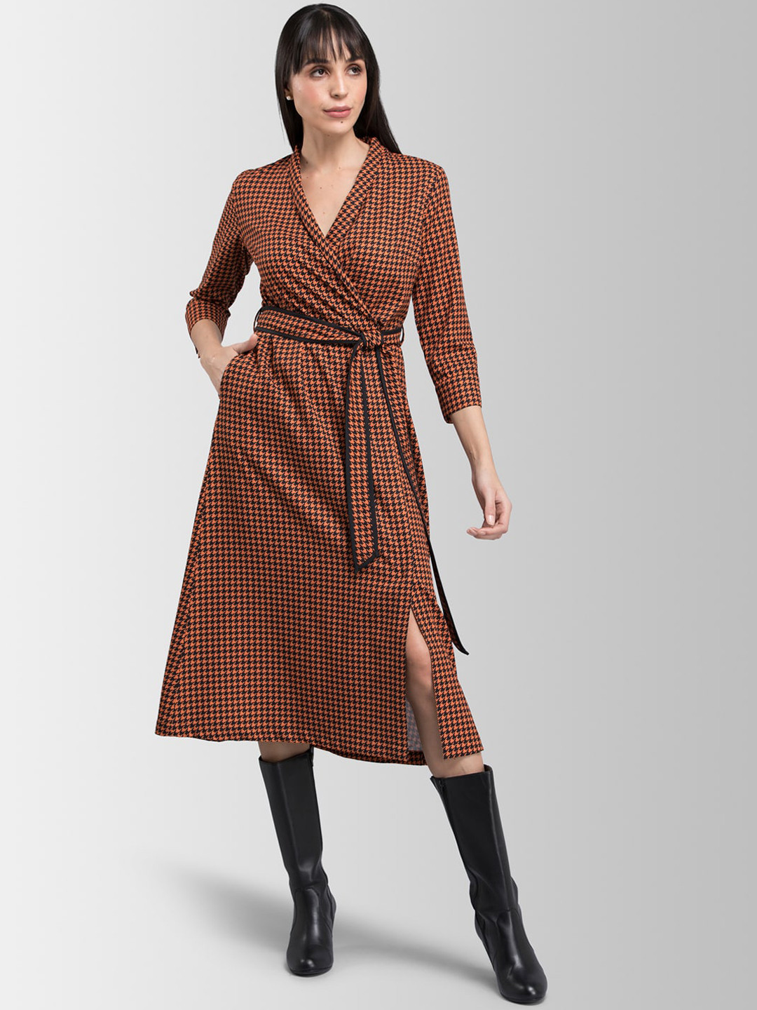 

FableStreet Women Orange & Black Printed Wrap Dress