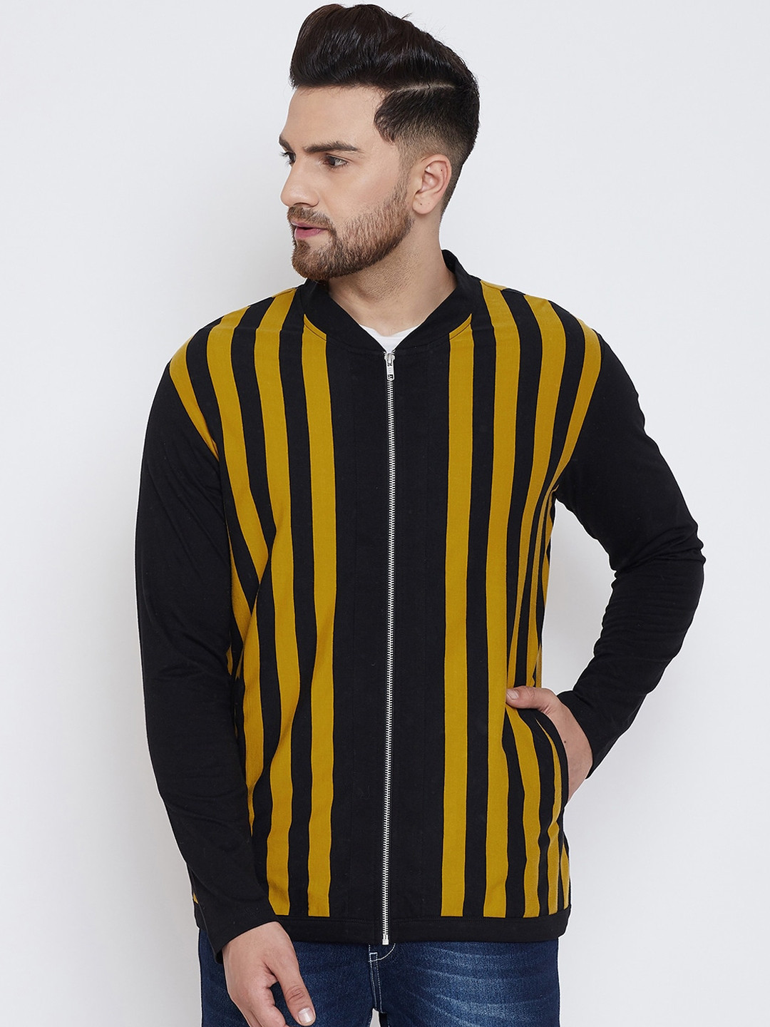 

Hypernation Men Yellow & Black Striped V-Neck Zipped T-shirt