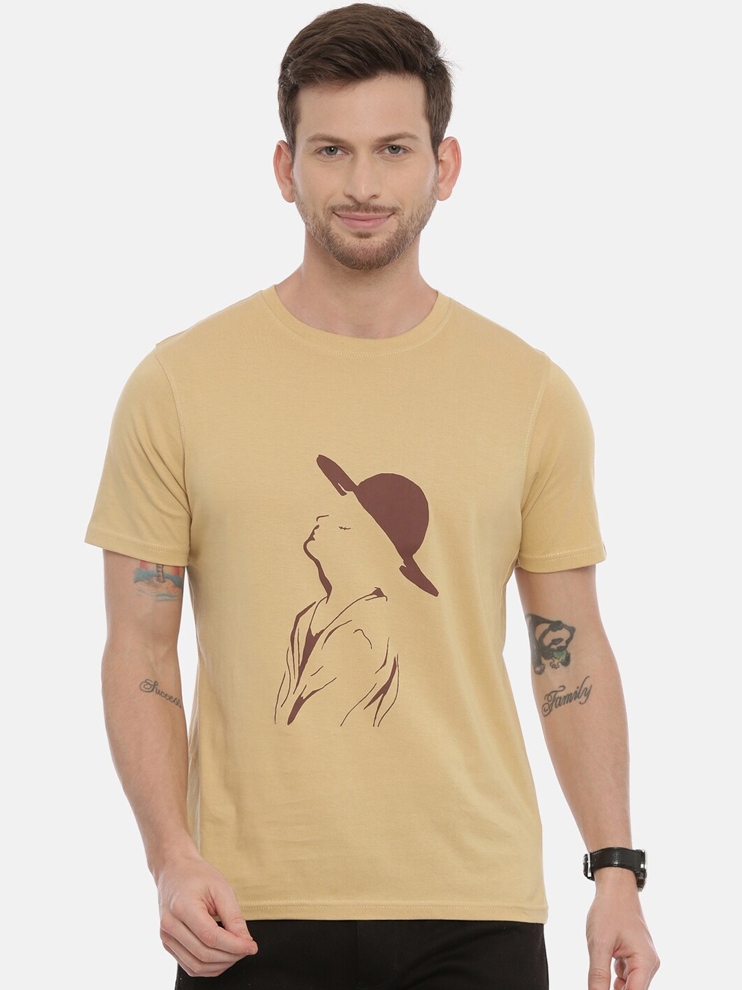

Bushirt Men Beige Printed Round Neck Pure Cotton T-shirt