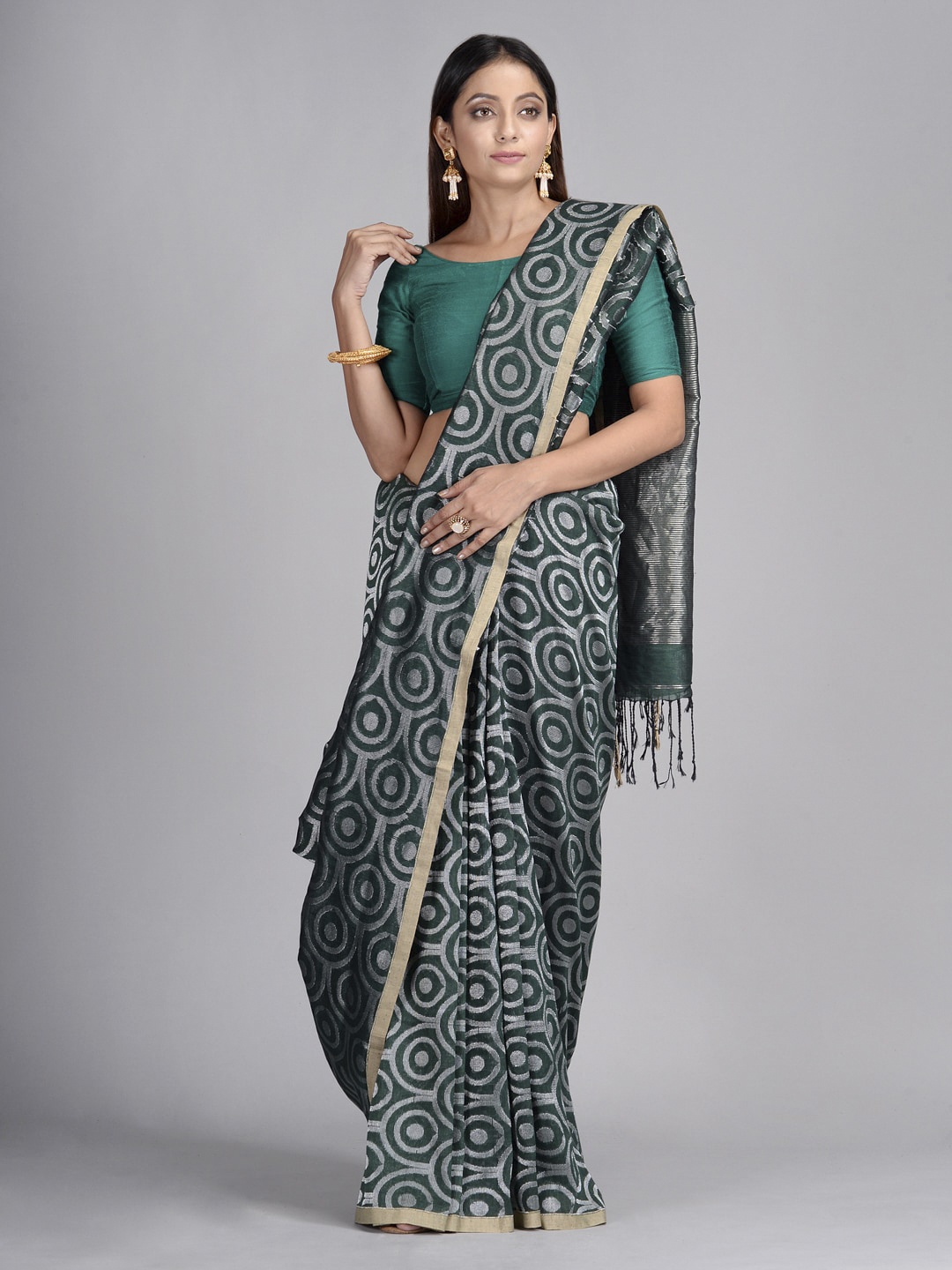 

Mitera Green & White Linen Blend Printed Taant Saree