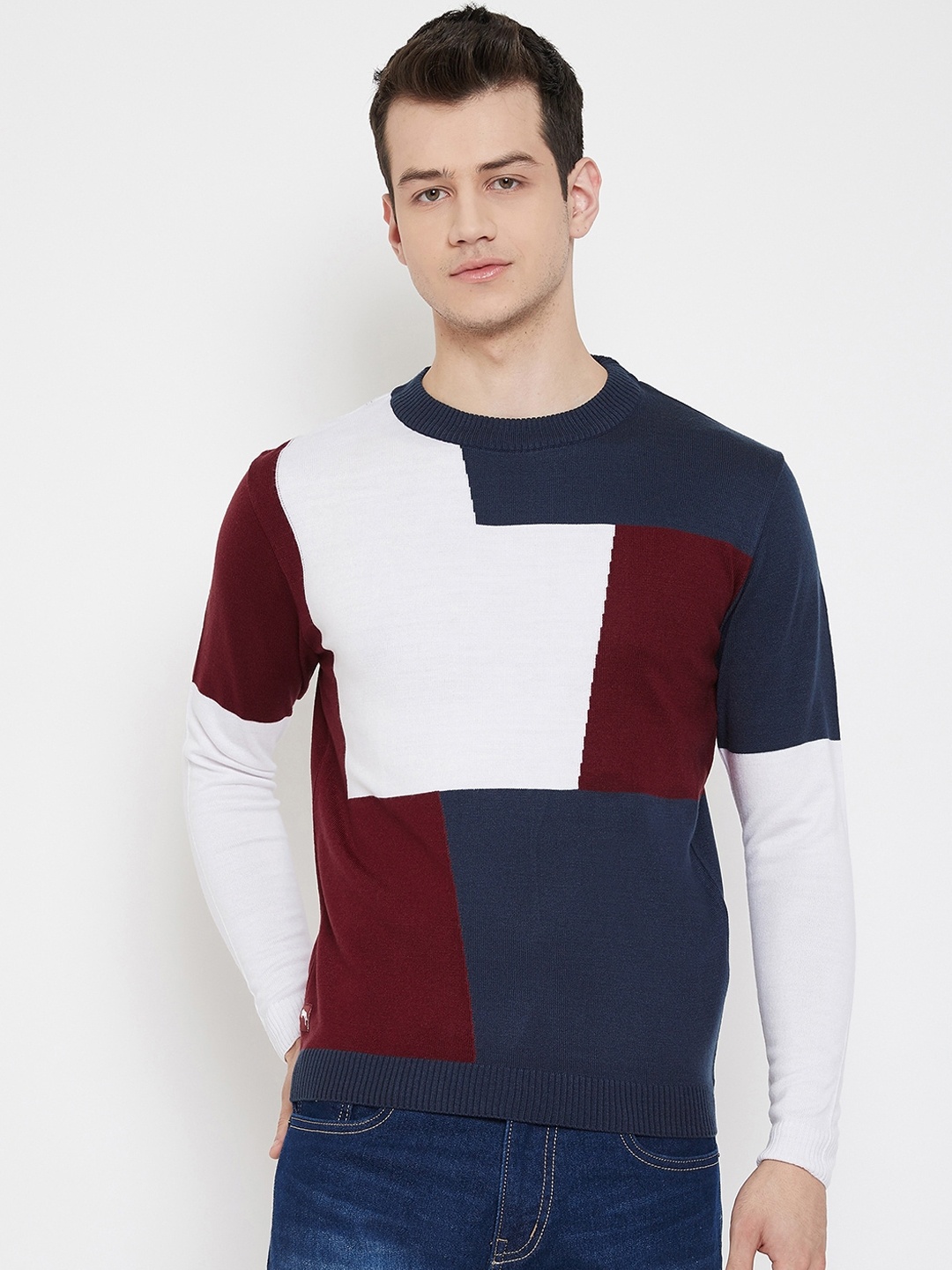 

JUMP USA Men Navy Blue & White Colourblocked Acrylic Pullover Sweater