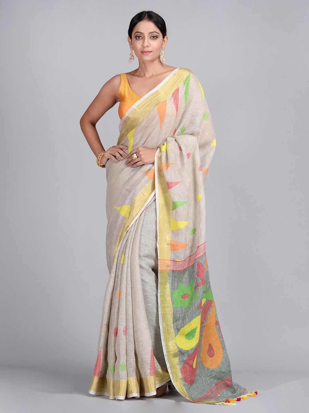 

Mitera Beige & Yellow Pure Linen Printed Taant Saree