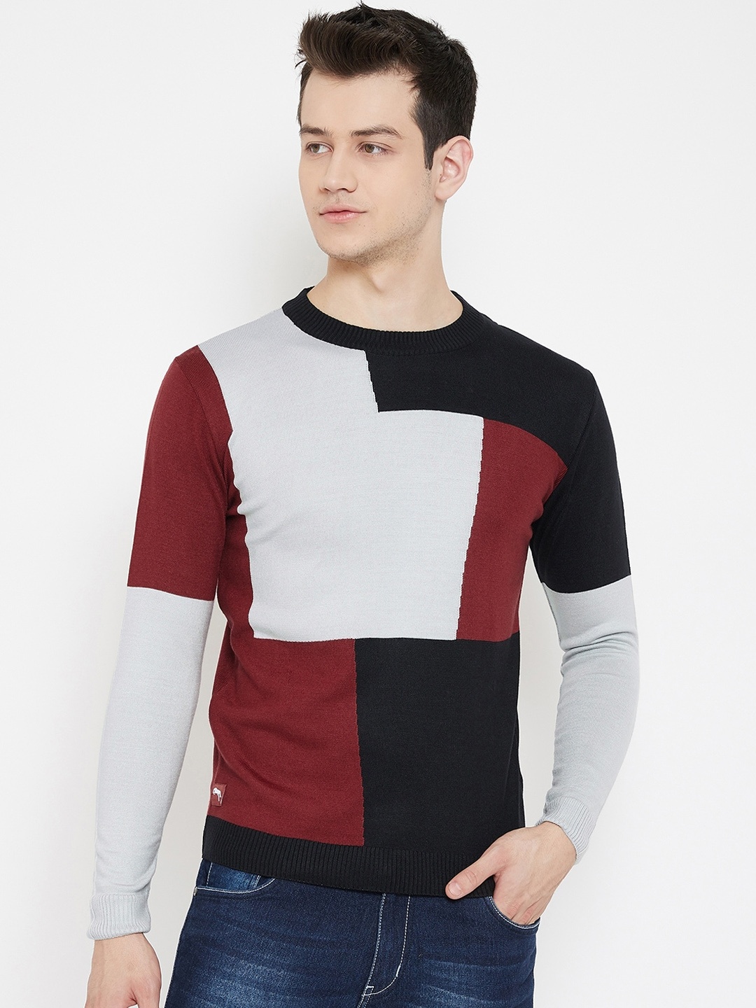 

JUMP USA Men Grey Melange & Maroon Colourblocked Acrylic Pullover Sweater