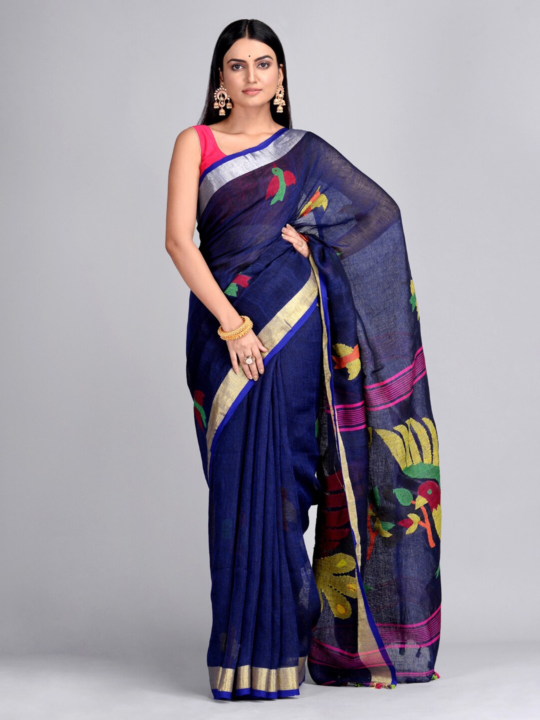 

Mitera Navy Blue Pure Linen Printed Taant Saree