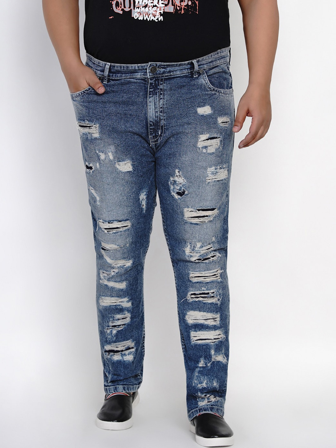 

John Pride Men Blue Tapered Fit Mid-Rise Highly Distressed Stretchable Jeans