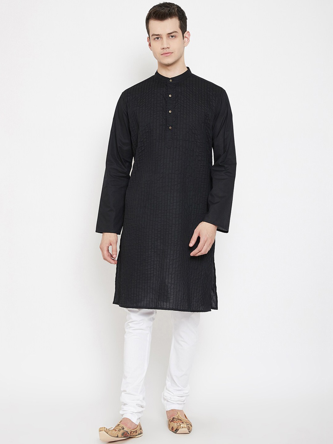 even Men Black Woven Design Straight Kurta