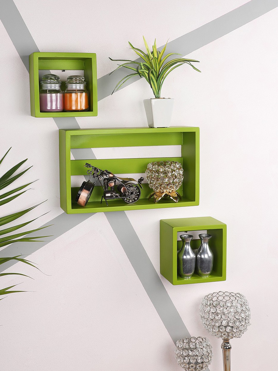 

Home Sparkle Set Of 3 Green MDF Handmade Basic Wall Shelves