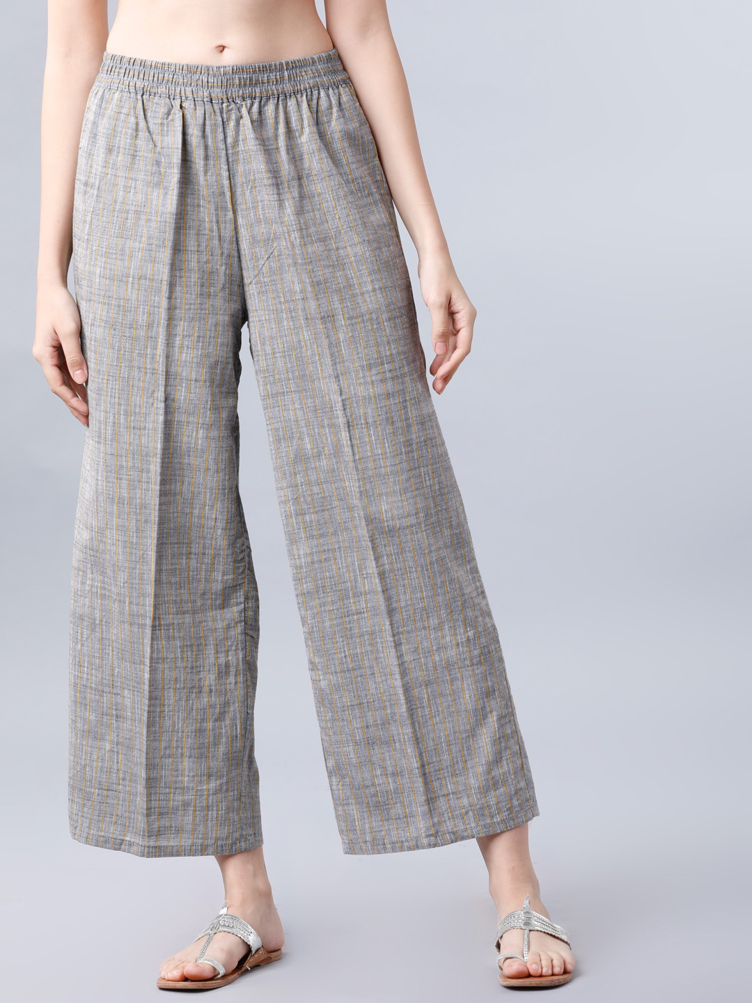 

Vishudh Women Grey & Yellow Coloured Straight Striped Palazzos