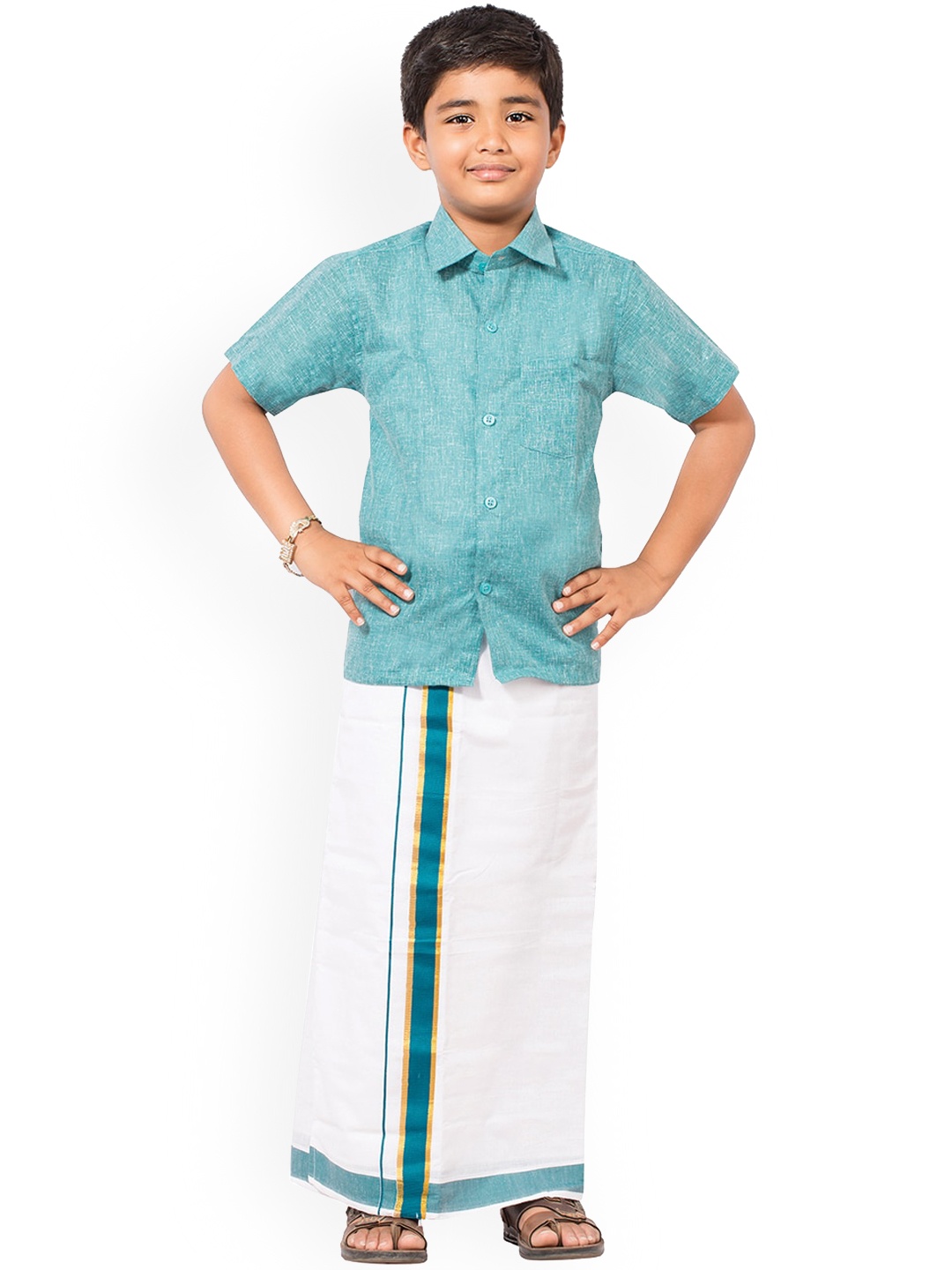 

Thangamagan Boys Blue And Cream Coloured Solid Shirt and Veshti