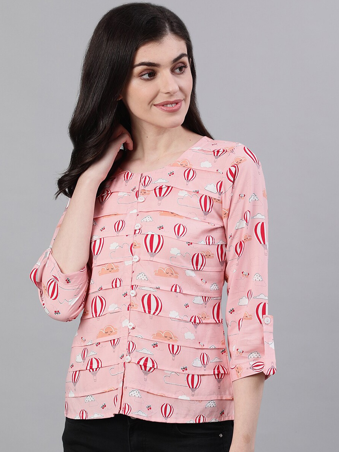 

AASI - HOUSE OF NAYO Women Peach-Coloured Printed Shirt Style Top