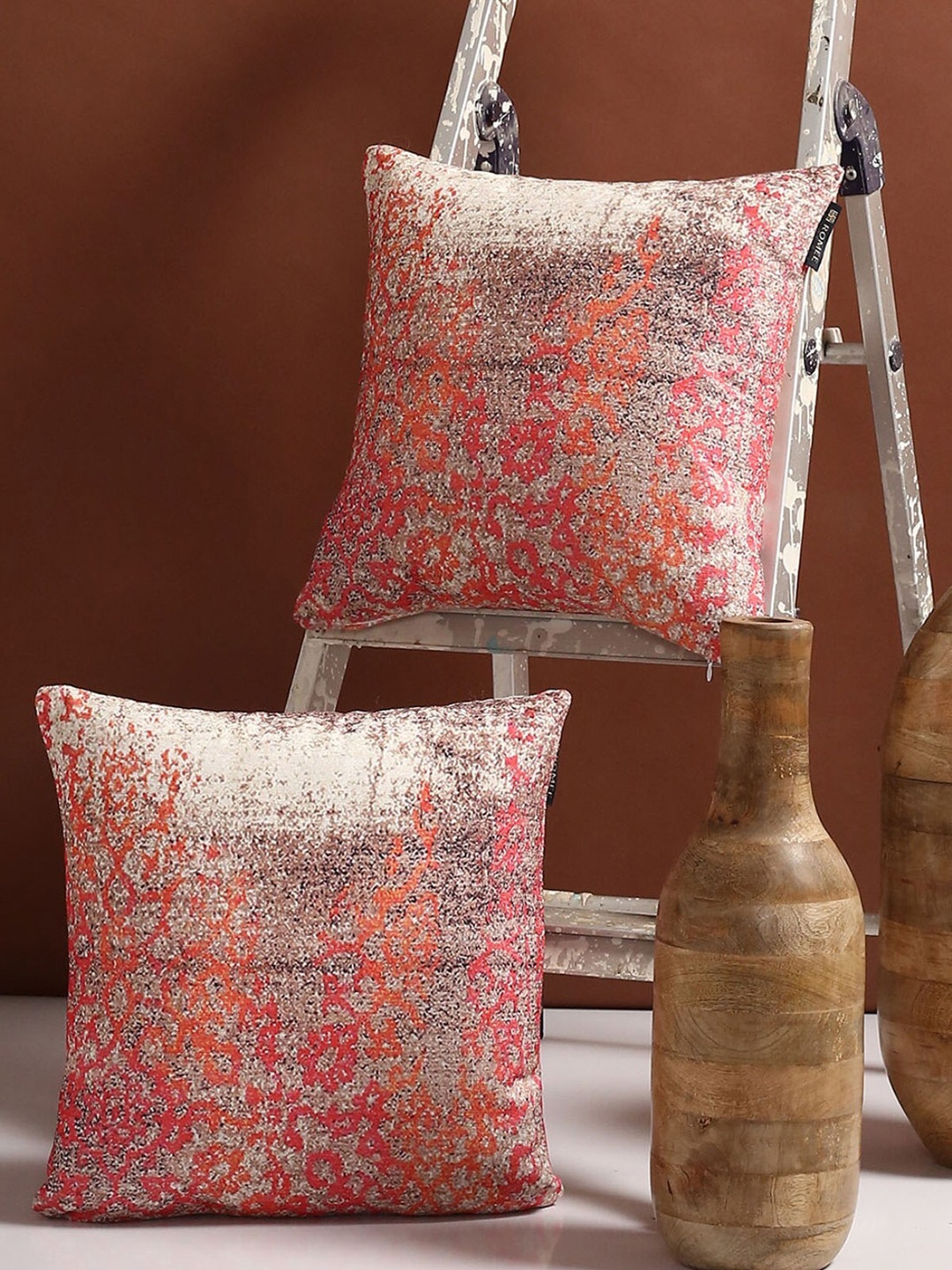 

Romee Set of 2 Beige & Orange Ethnic Motifs Square Cushion Covers