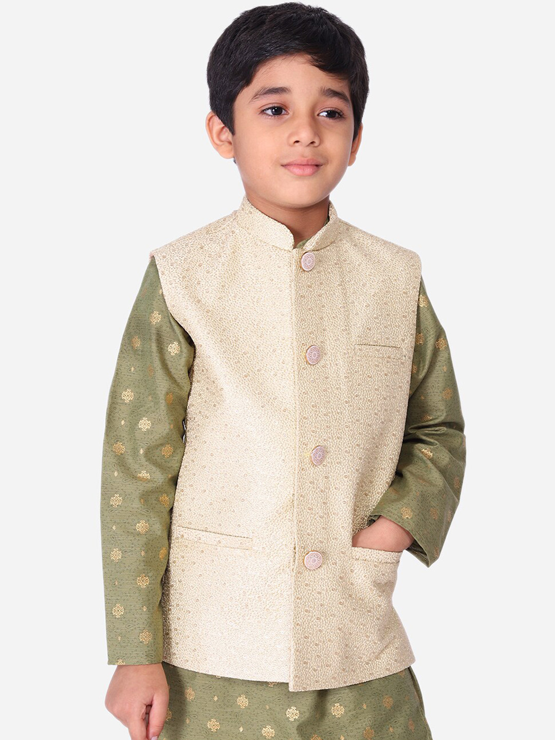 

NAMASKAR Boys Cream-Coloured Woven Design Nehru Jacket