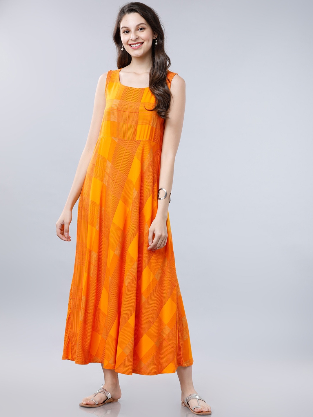 

Vishudh Women Orange Checked Maxi Dress