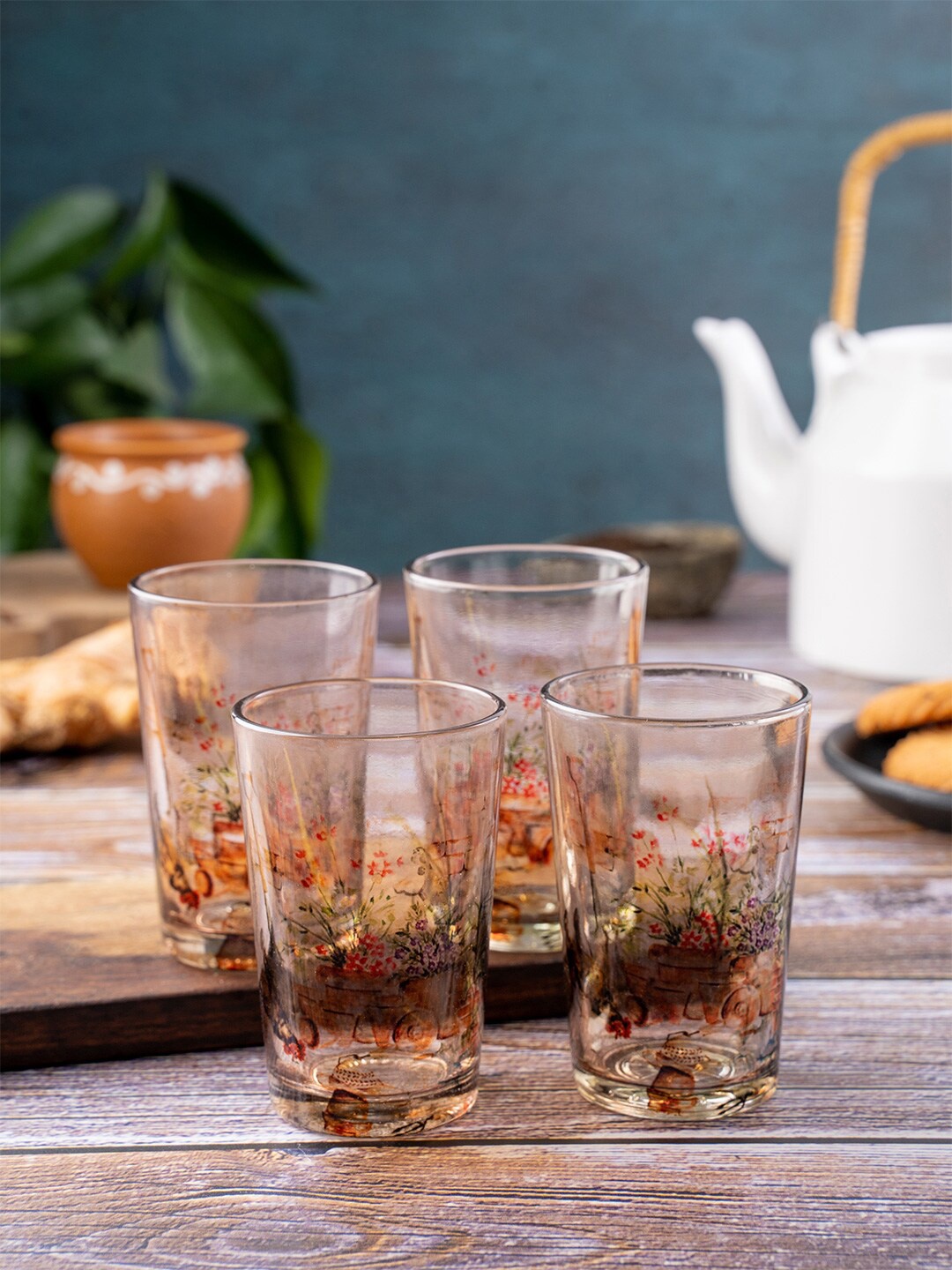 

Kolorobia Set Of 4 Transparent & Brown English Garden Printed Chai Glasses